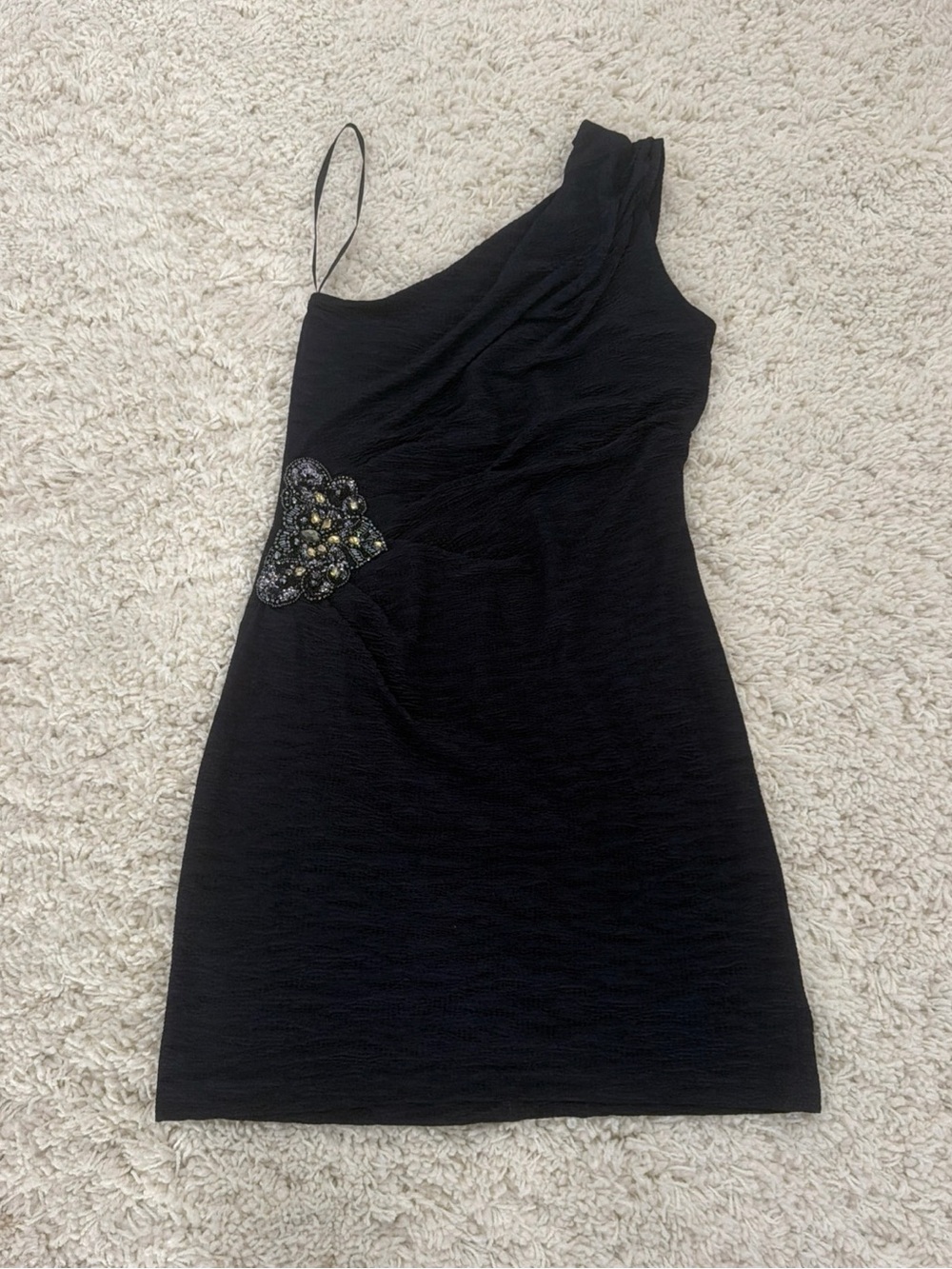 David Meister One-Shoulder Black Cocktail Dress with Beaded Accent size 2